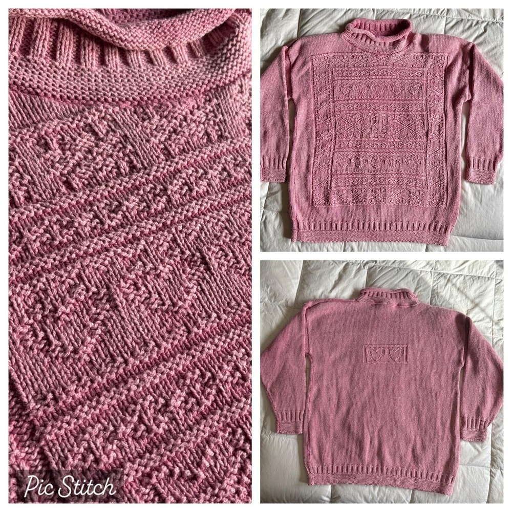 Vtg 90s Roll Neck Sweater Cottage Granny Soft Girly Hearts Womens L Pink Cotton